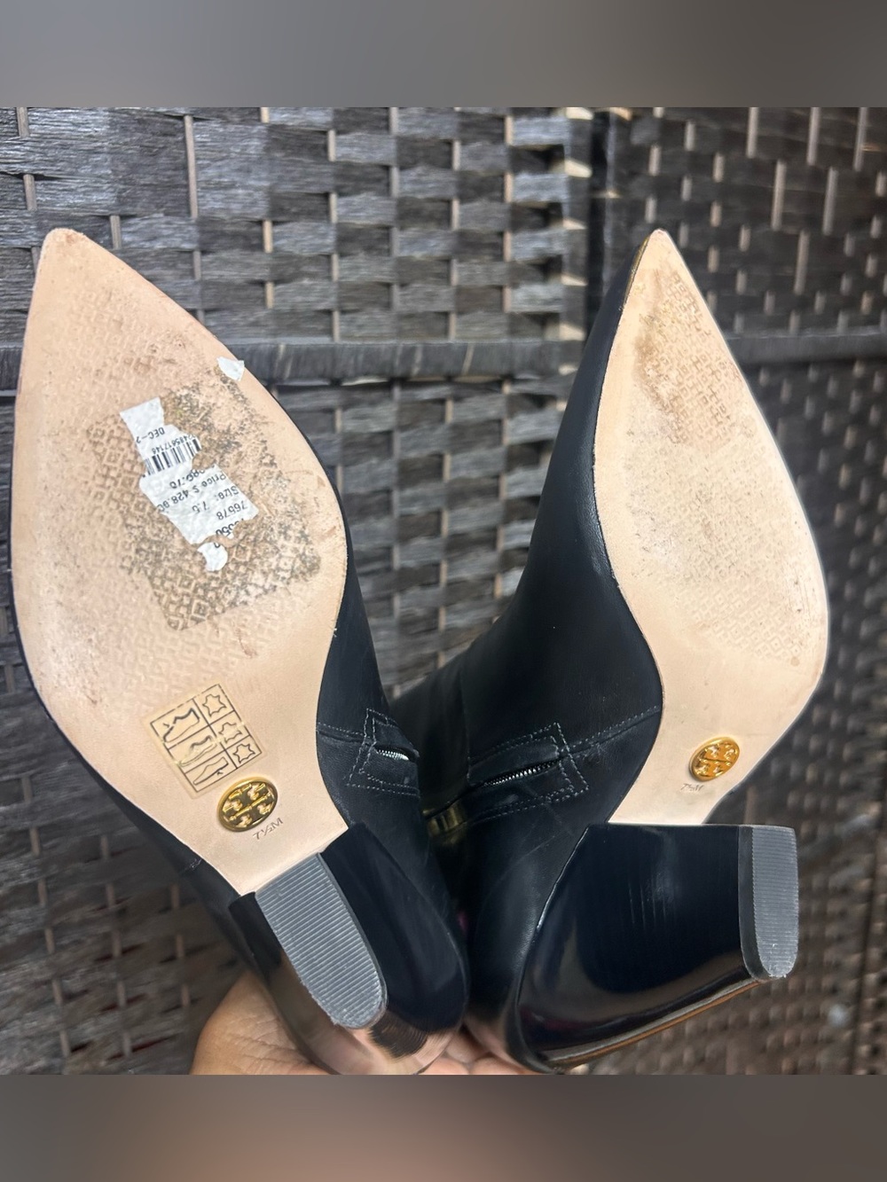 Tory Burch black genuine leather boots with wide heel and gold detail size 7.5 - Picture 7 of 9